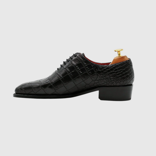 Men's genuine black crocodile leather lace-up dress shoes side view