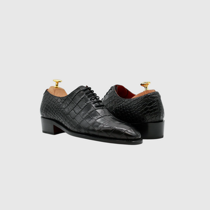 Men's genuine black crocodile leather lace-up dress shoes front three-quarter view