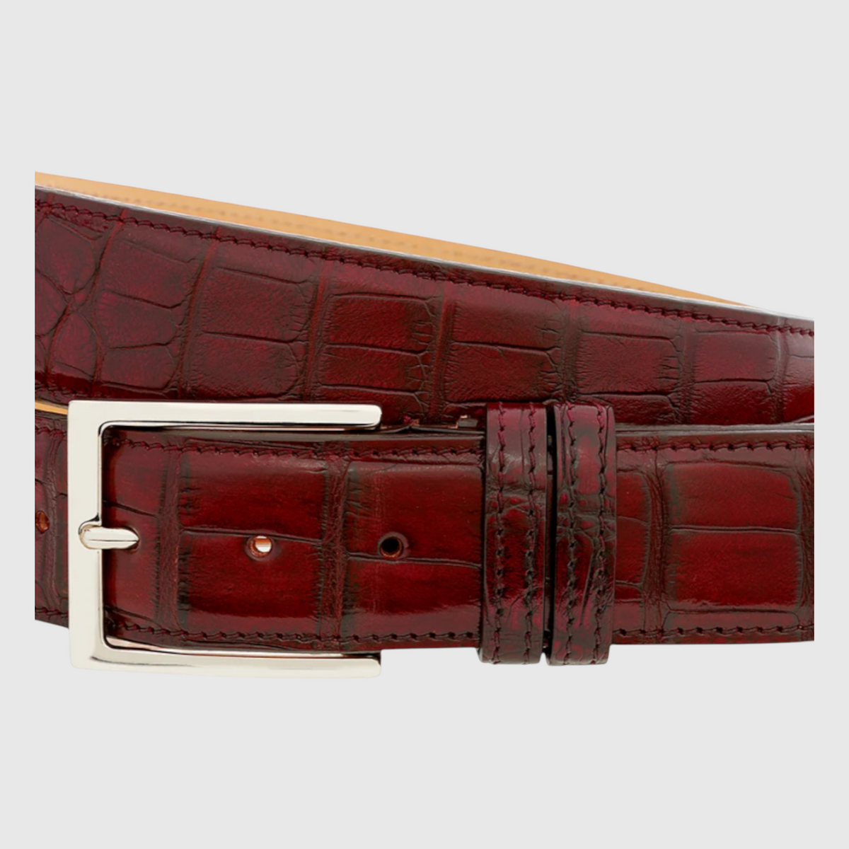 Men's genuine crocodile leather belt in burgundy
