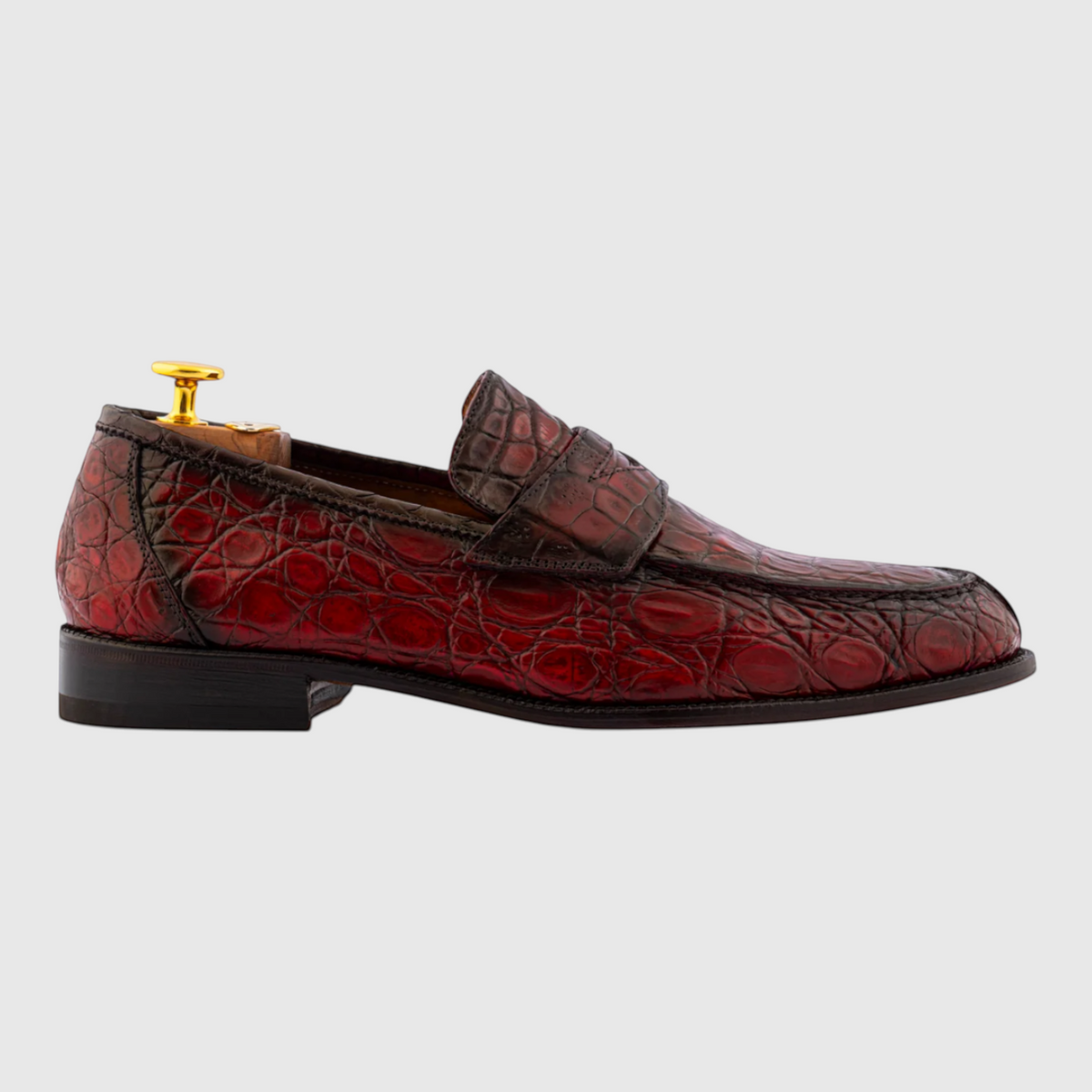 Men's hand-painted genuine crocodile leather loafers in burgundy red, side view