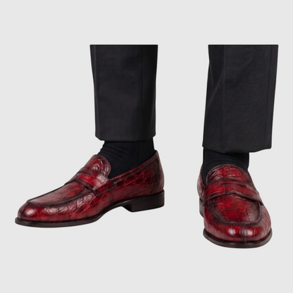 Men's hand-painted genuine crocodile leather loafers in burgundy red, worn view
