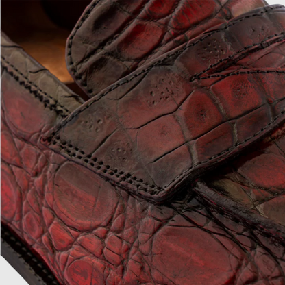 Men's hand-painted genuine crocodile leather loafers in burgundy red, detailed view