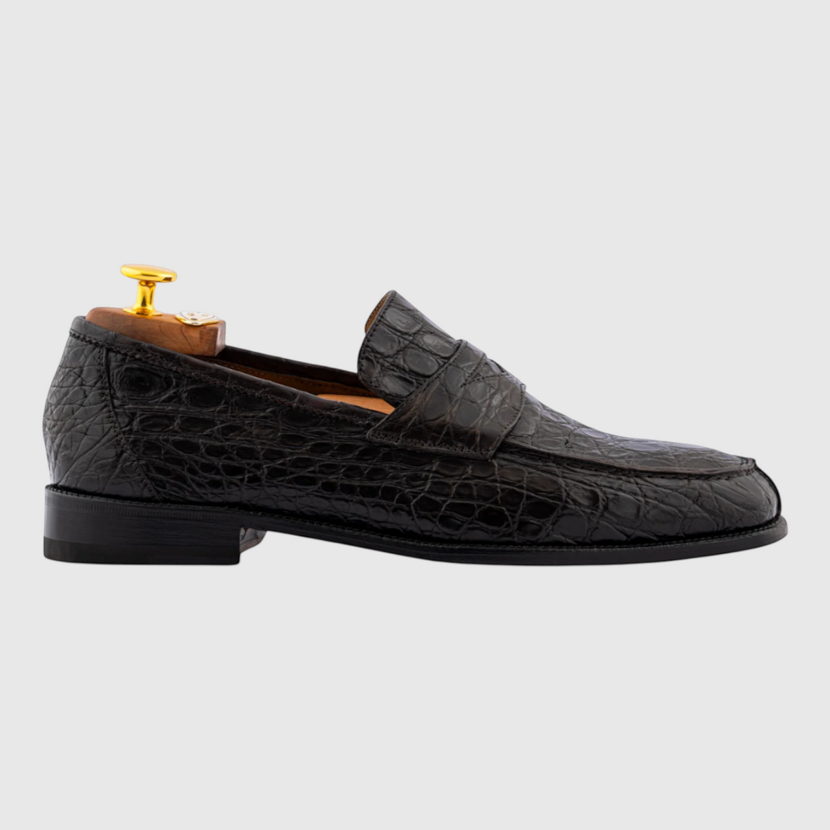 Men's hand-painted genuine crocodile leather loafers in black, side view