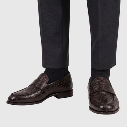 Men's hand-painted genuine crocodile leather loafers in black, worn view