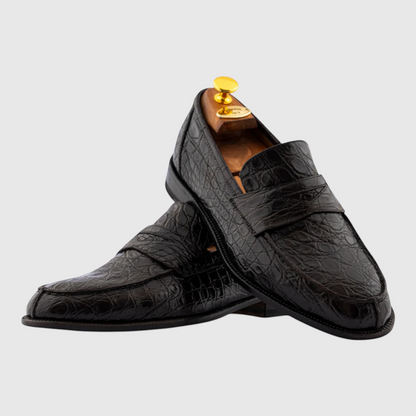 Men's hand-painted genuine crocodile leather loafers in black, angled view
