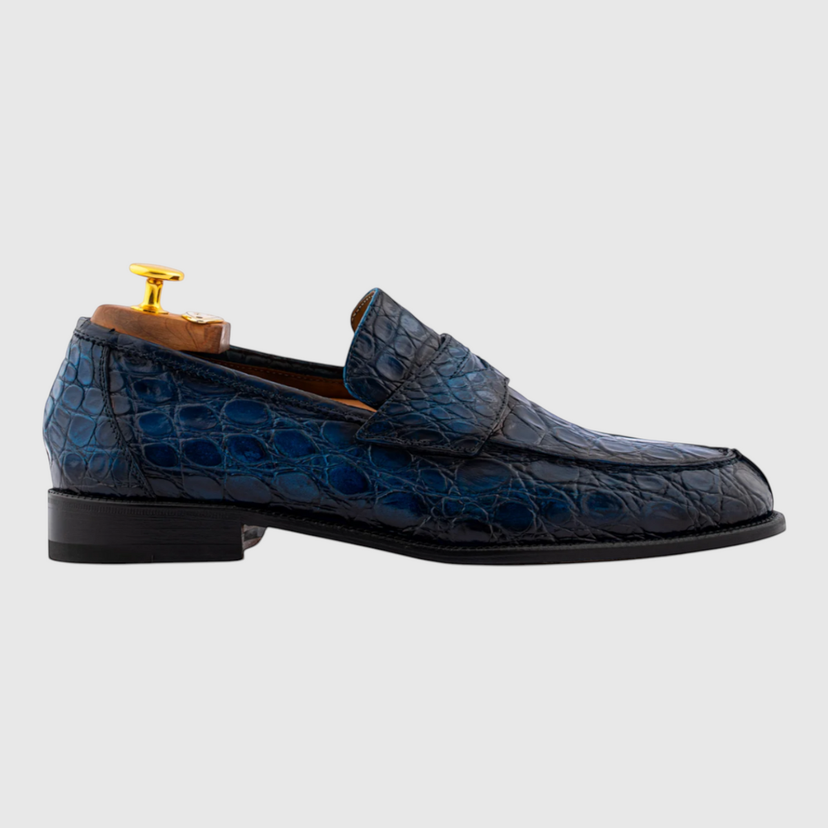 Men's hand-painted genuine crocodile leather loafers in blue, side view
