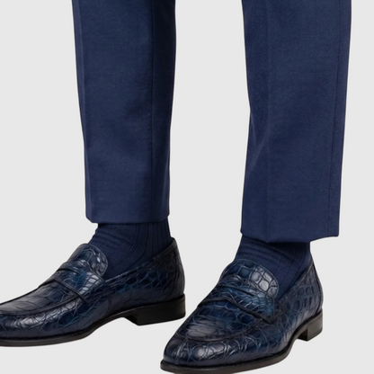 Men's hand-painted genuine crocodile leather loafers in blue, worn view