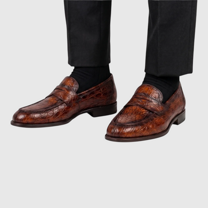 Men's hand-painted genuine crocodile leather loafers in brown, worn view