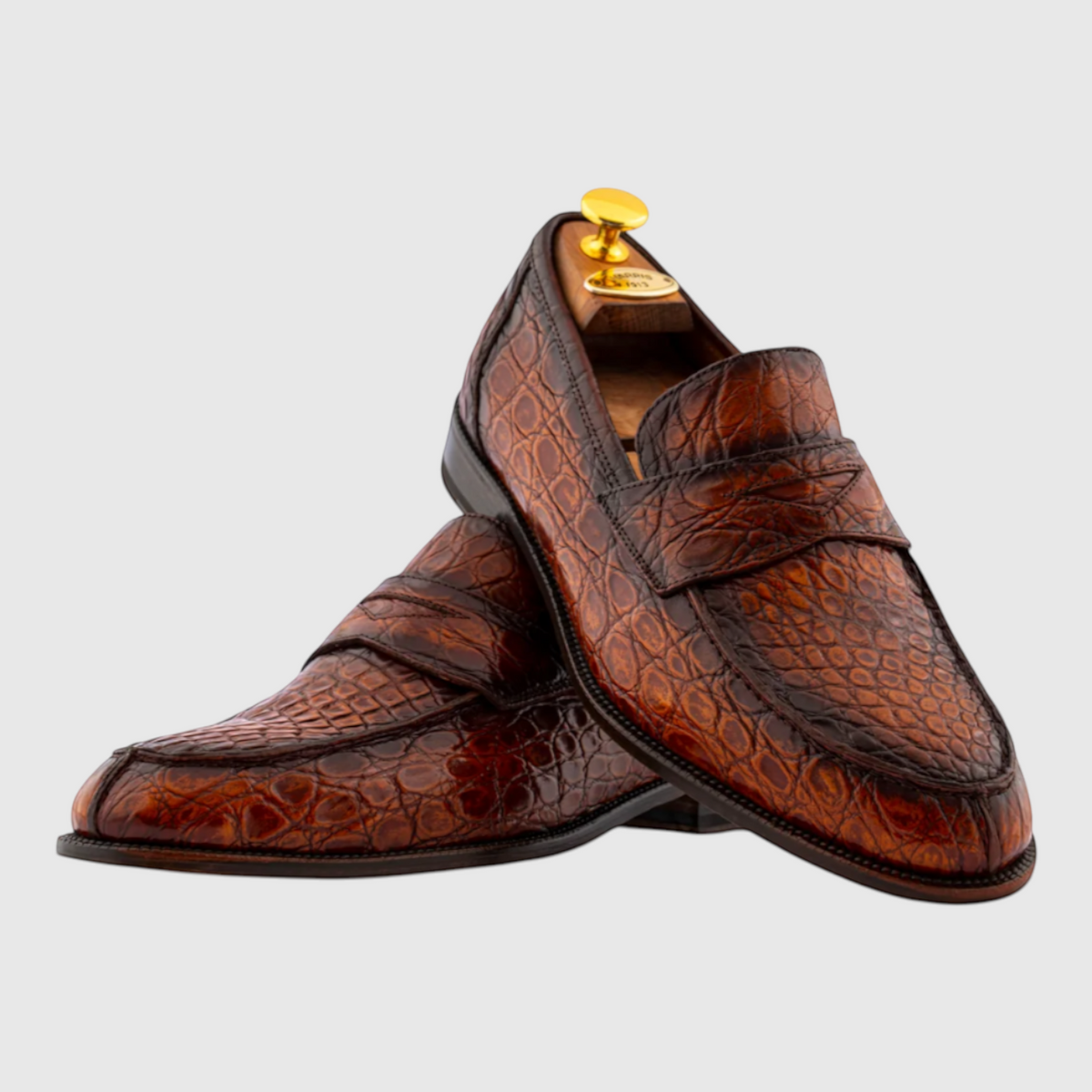 Men's hand-painted genuine crocodile leather loafers in brown, angled view