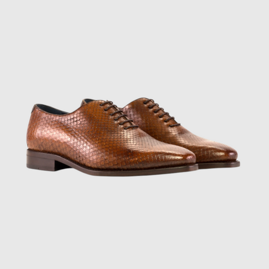 Men's genuine brown python leather lace-up dress shoes front view
