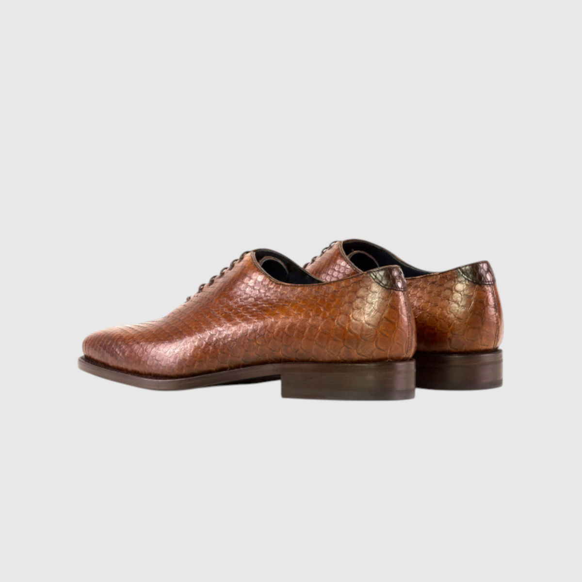 Men's genuine brown python leather lace-up dress shoes rear view