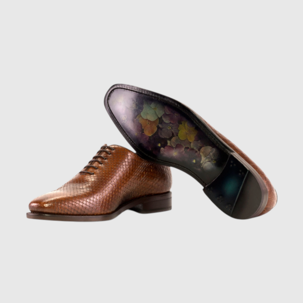 Men's genuine brown python leather lace-up dress shoes sole detail