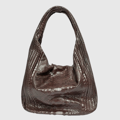 Women's brown genuine python leather hobo bag front view