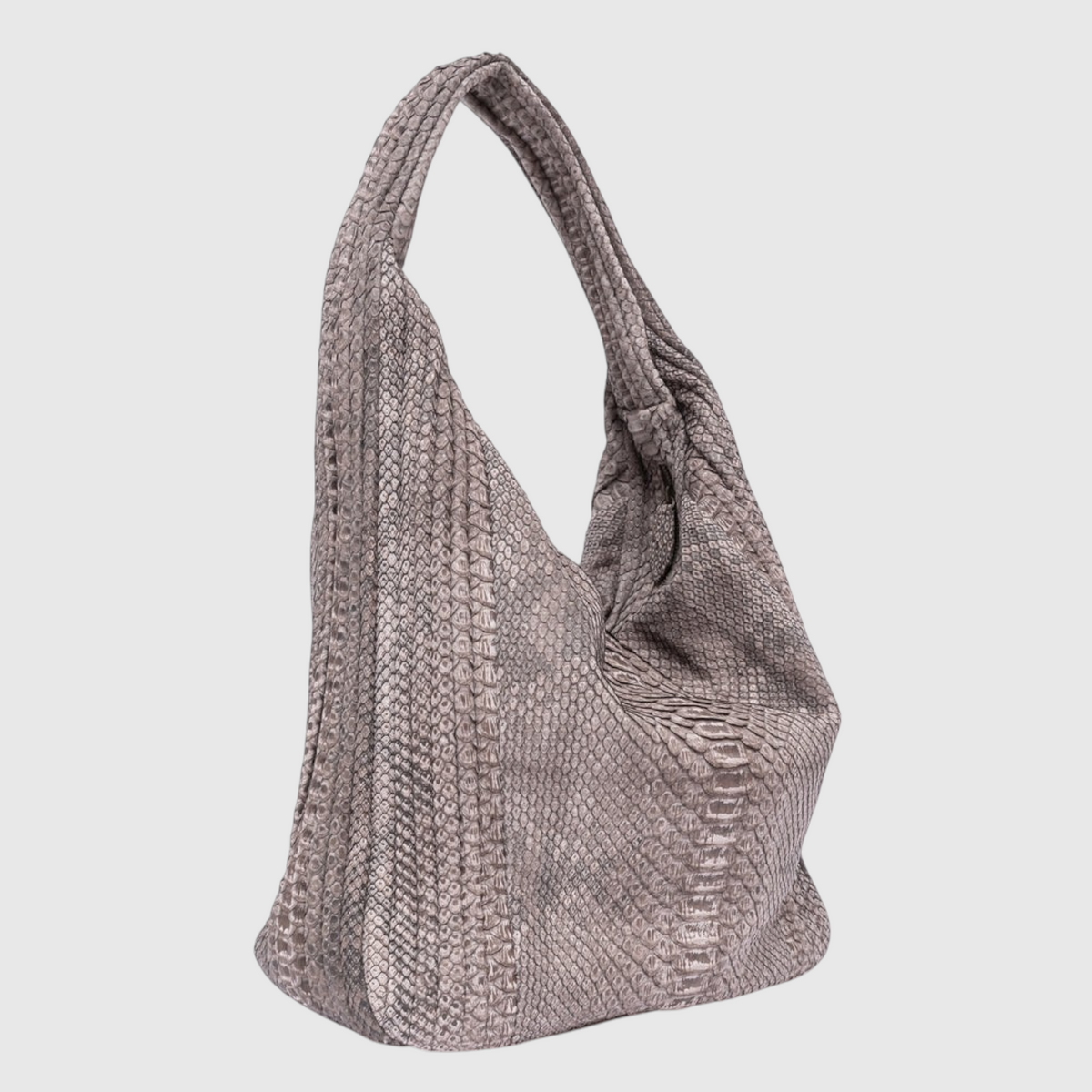 Women's taupe genuine python leather hobo bag angled view