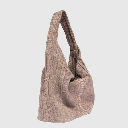 Women's taupe genuine python leather hobo bag side view