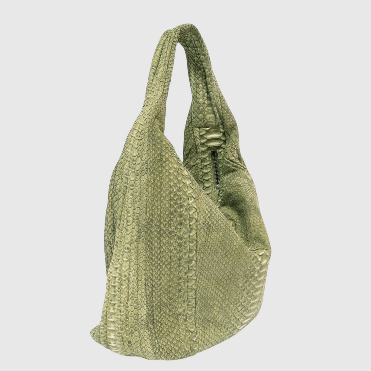 Women's olive green genuine python leather hobo bag angled view
