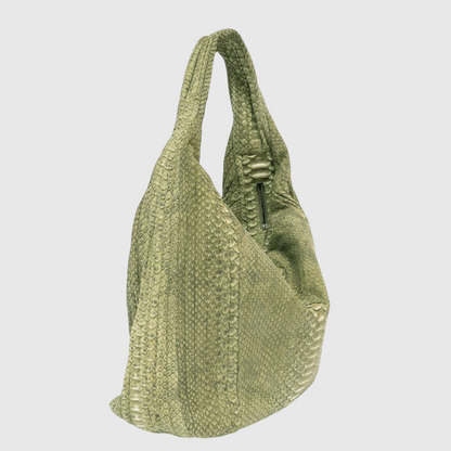 Women's olive green genuine python leather hobo bag angled view
