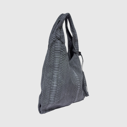 Women's black genuine python leather hobo bag front view