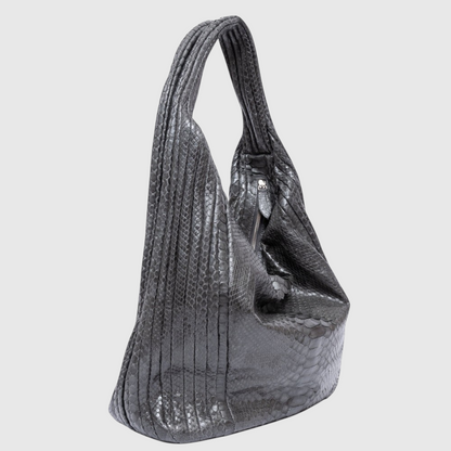 Women's black genuine python leather hobo bag side detail