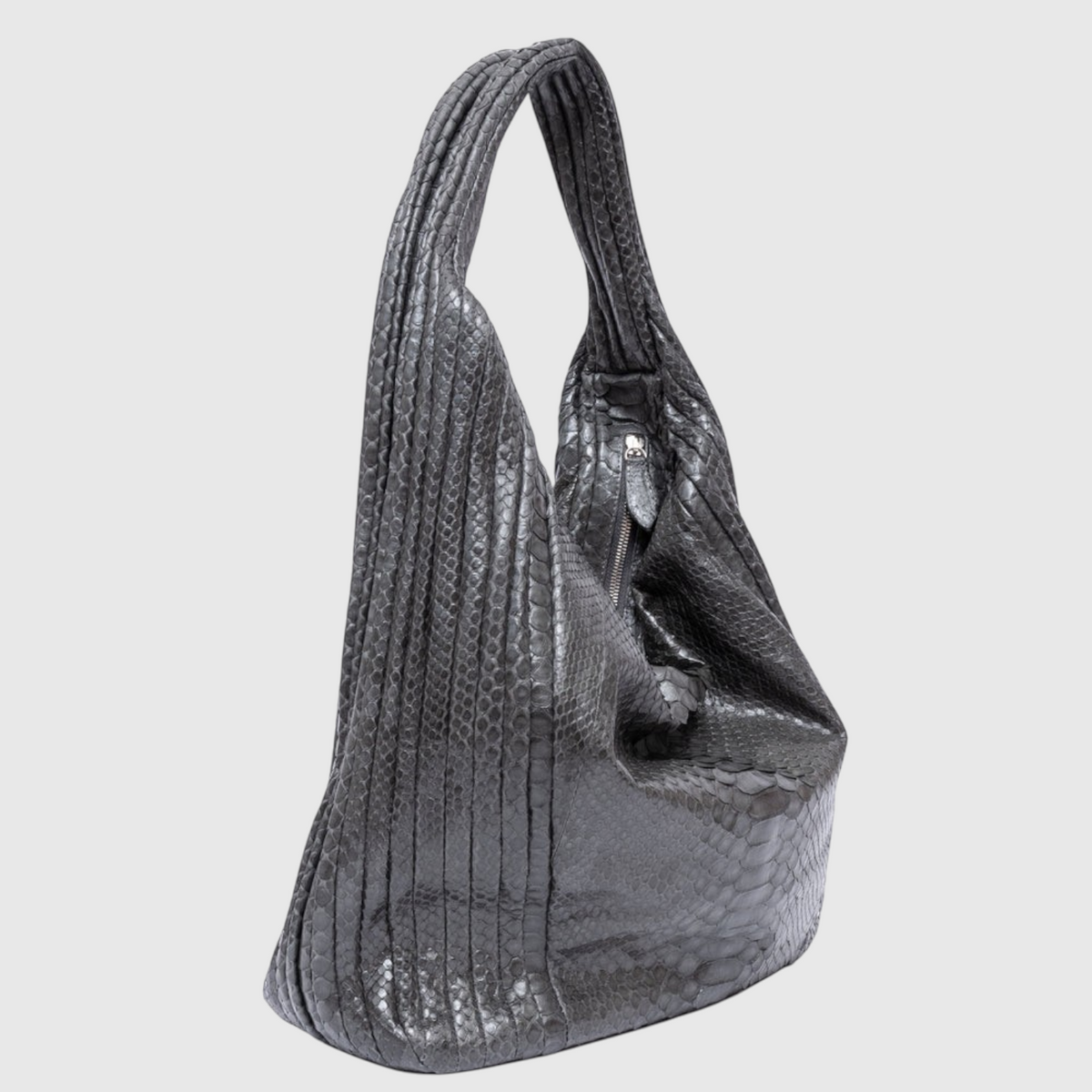 Women's black genuine python leather hobo bag angled view