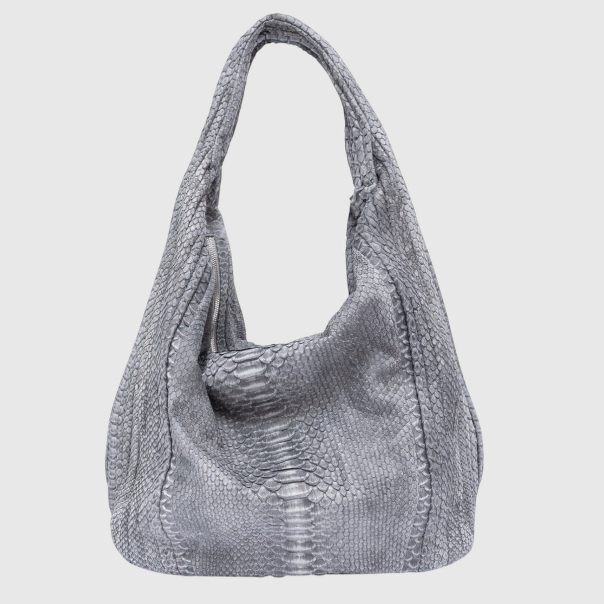 Women's gray genuine python leather hobo bag angled view