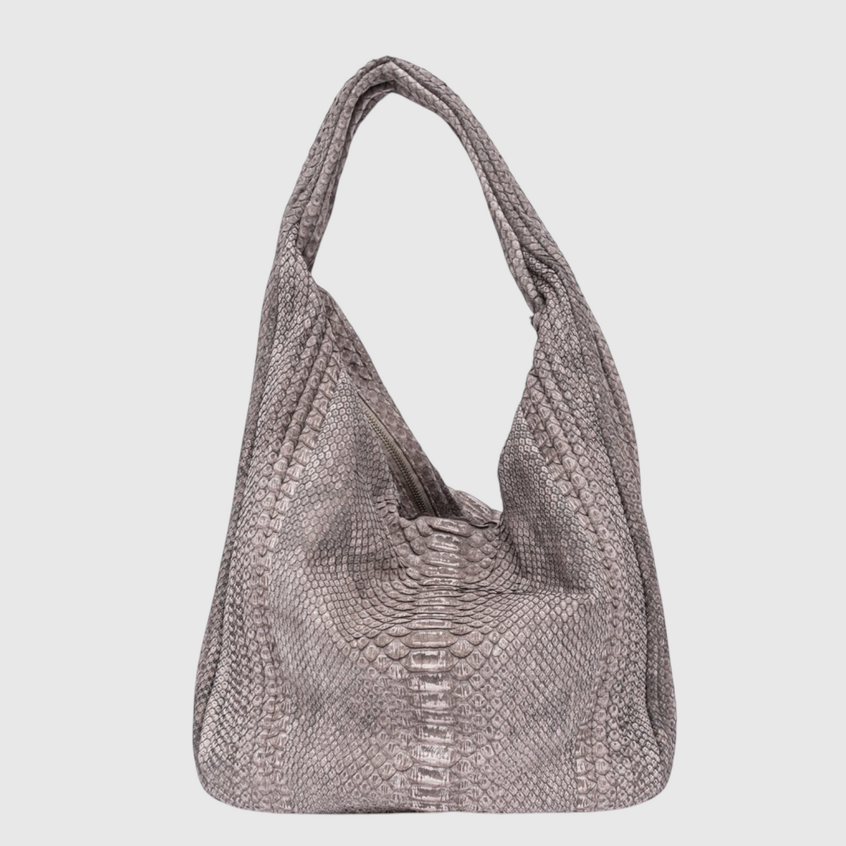 Women's taupe genuine python leather hobo bag front view