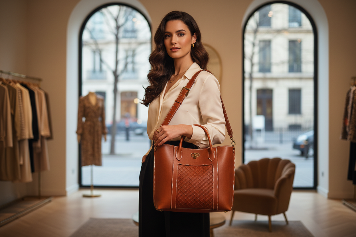 une belle brune qui porte un sac fait en cuire