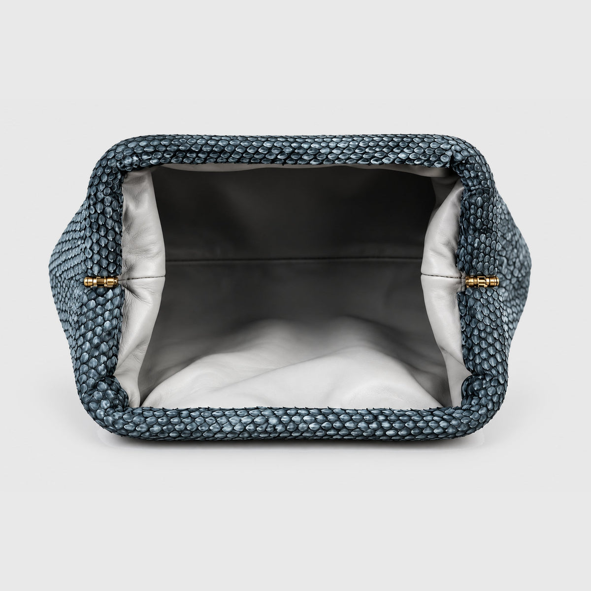 Genuine python leather clutch Slate Blue – interior view, 2048 x 2048, light gray studio background