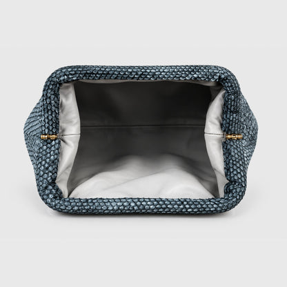 Genuine python leather clutch Slate Blue – interior view, 2048 x 2048, light gray studio background