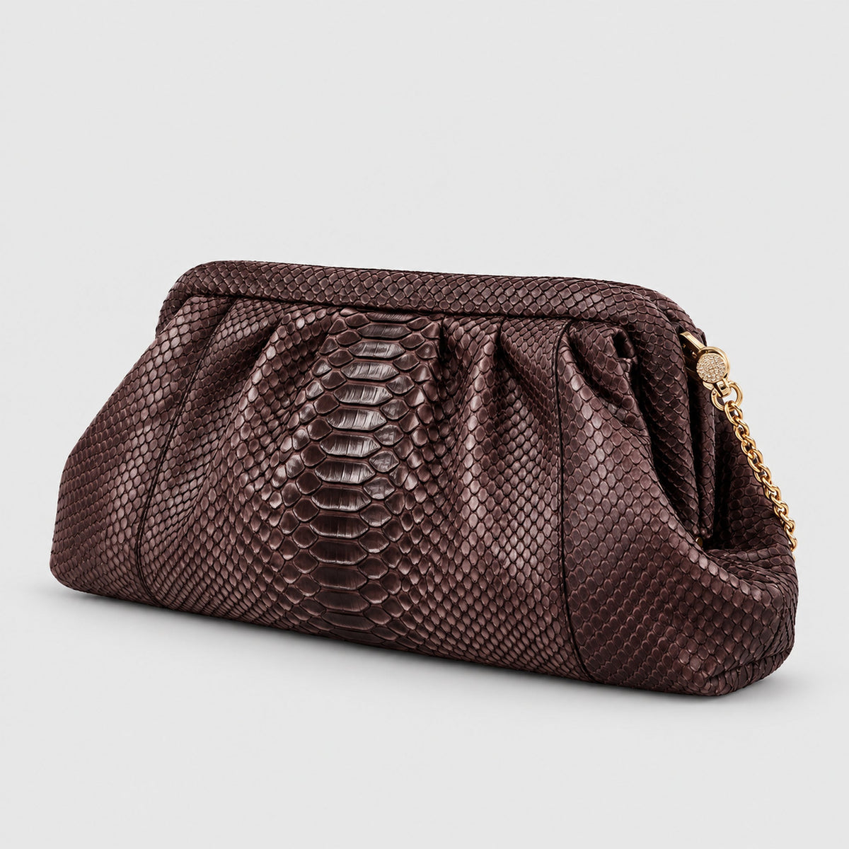 Genuine python leather shoulder clutch Dark Chocolate Brown – three-quarter view, 2048 x 2048, light gray studio background