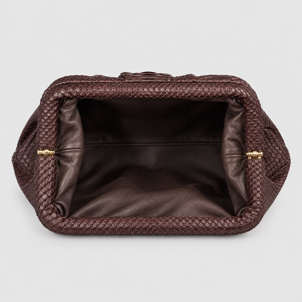 Genuine python leather shoulder clutch Dark Chocolate Brown – interior view, 2048 x 2048, light gray studio background