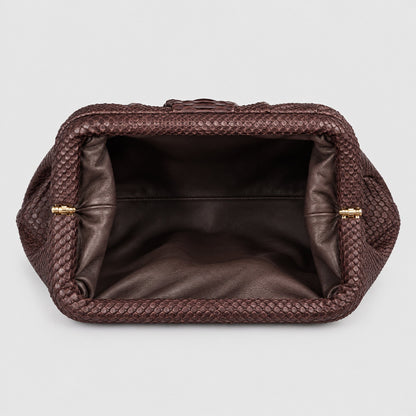 Genuine python leather shoulder clutch Dark Chocolate Brown – interior view, 2048 x 2048, light gray studio background
