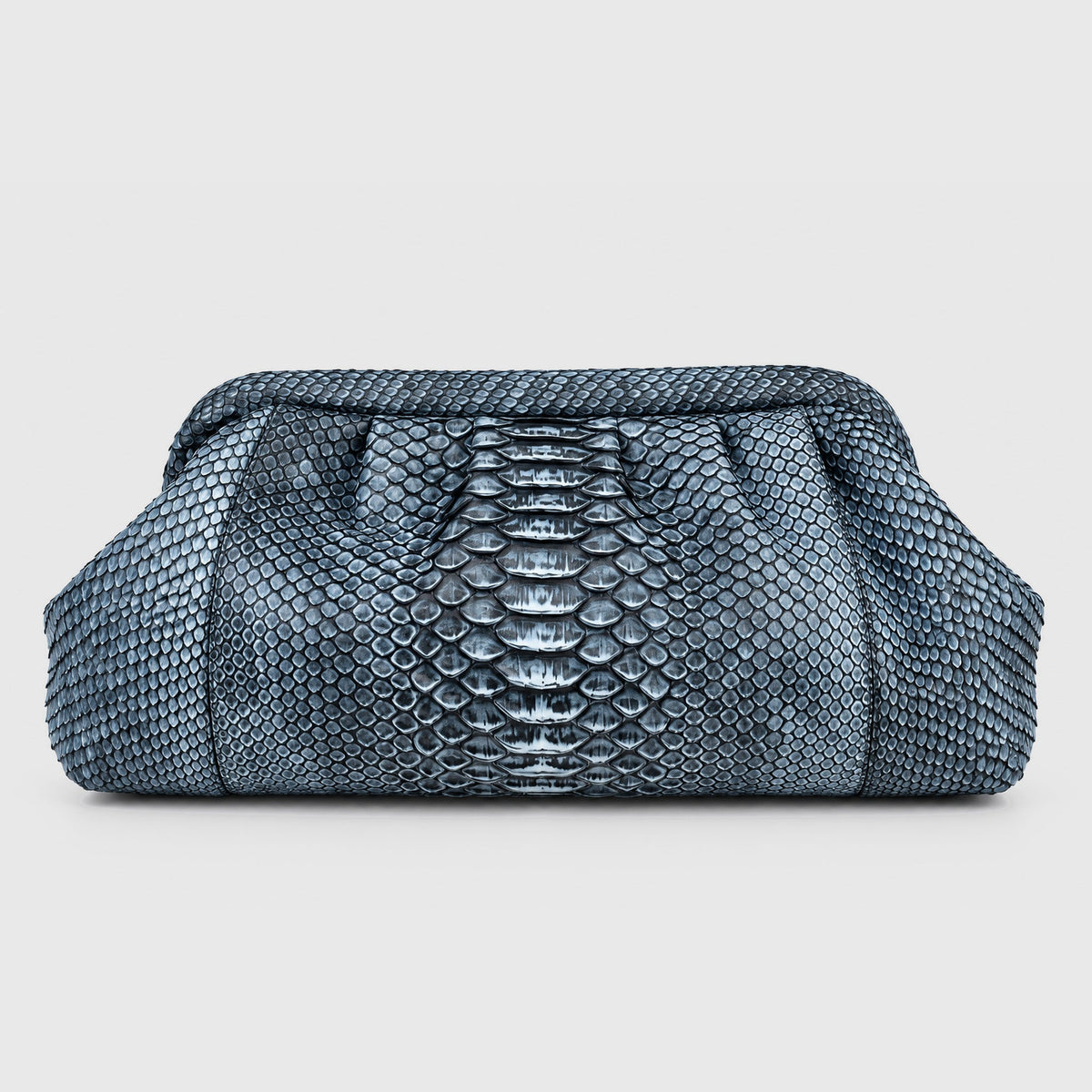 Genuine python leather clutch Slate Blue – front view, 2048 x 2048, light gray studio background