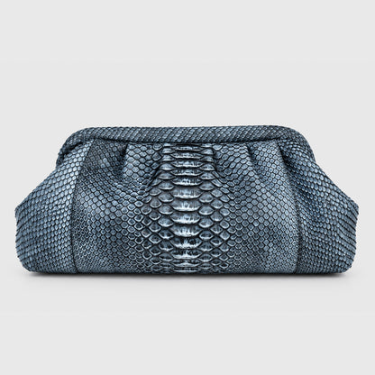 Genuine python leather clutch Slate Blue – front view, 2048 x 2048, light gray studio background