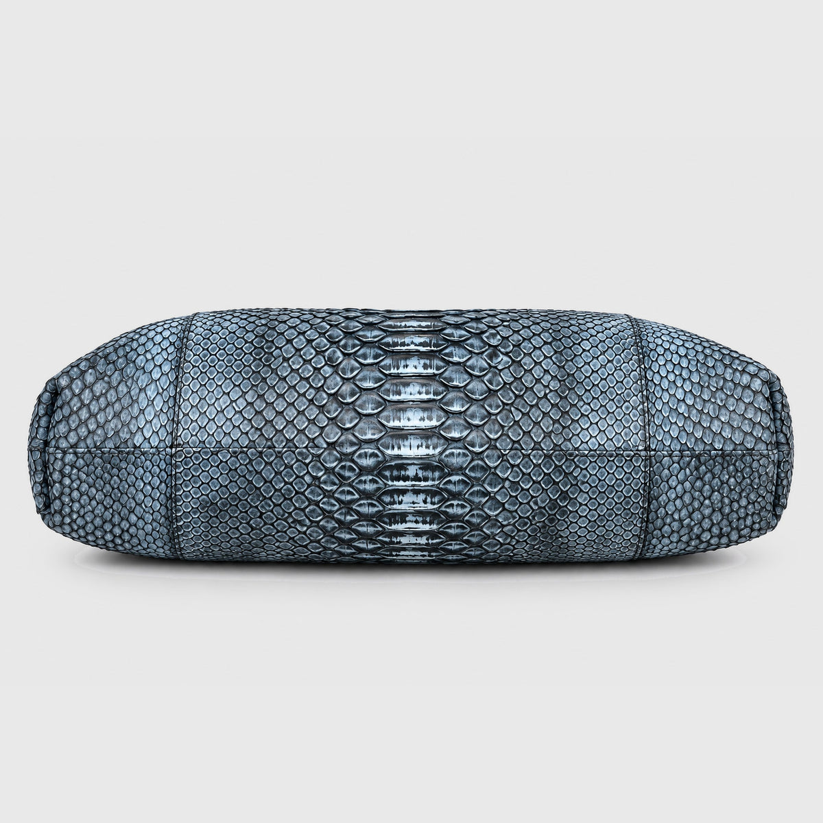 Genuine python leather clutch Slate Blue – underside view, 2048 x 2048, light gray studio background