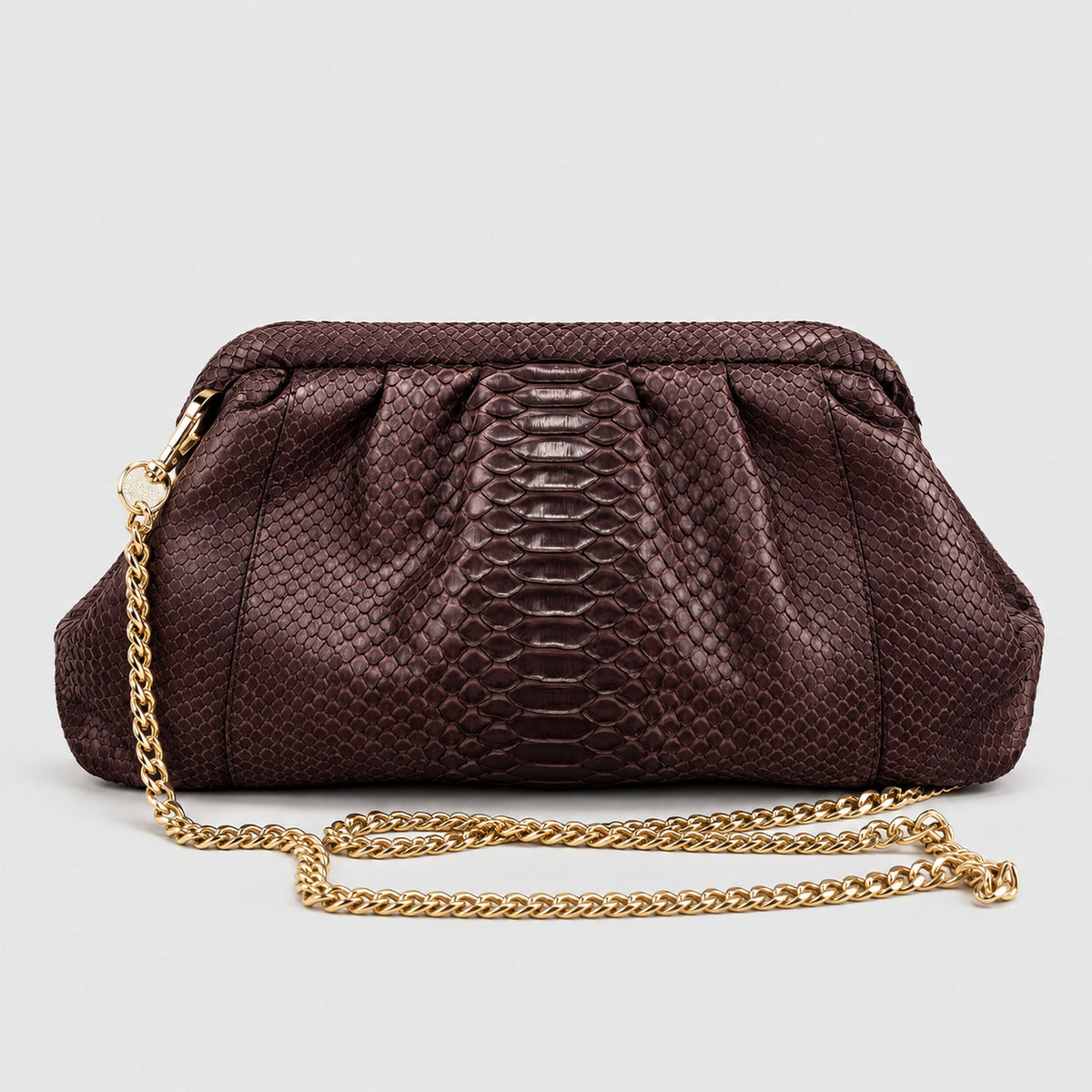 Genuine python leather shoulder clutch Dark Chocolate Brown – front detail with chain, 2048 x 2048, light gray studio background