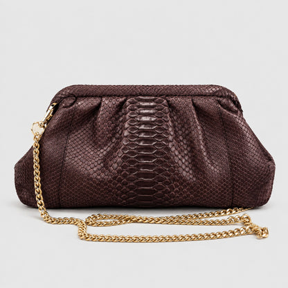 Genuine python leather shoulder clutch Dark Chocolate Brown – front detail with chain, 2048 x 2048, light gray studio background