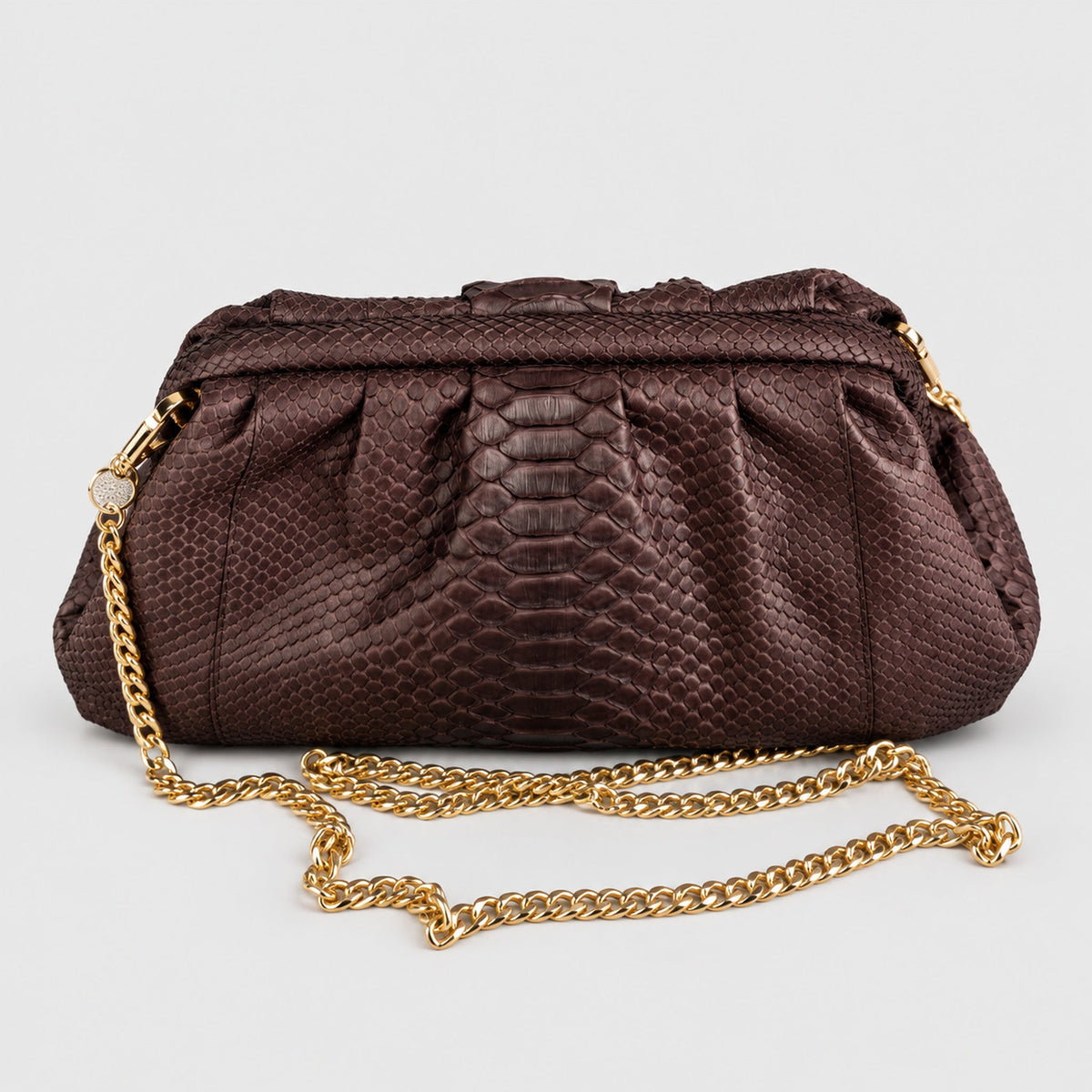 Genuine python leather shoulder clutch Dark Chocolate Brown – front view, 2048 x 2048, light gray studio background