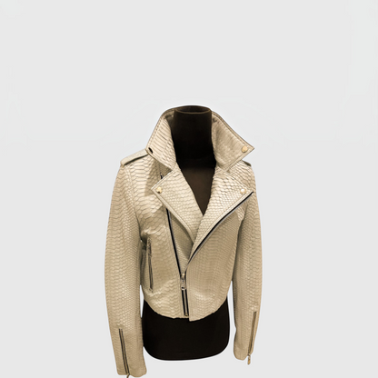 Women's ivory genuine python leather biker jacket angled view | Genuine Skins