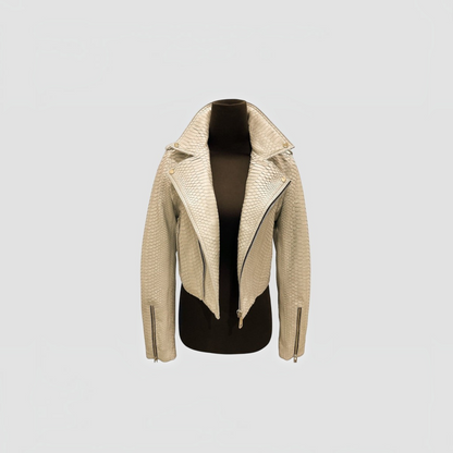 Women's ivory genuine python leather biker jacket front view | Genuine Skins