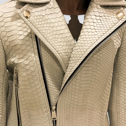 Women's ivory genuine python leather biker jacket leather detail | Genuine Skins