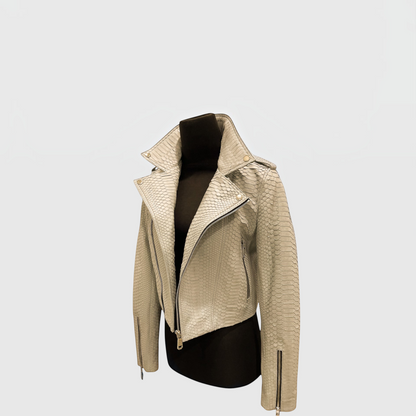 Women's ivory genuine python leather biker jacket side view | Genuine Skins