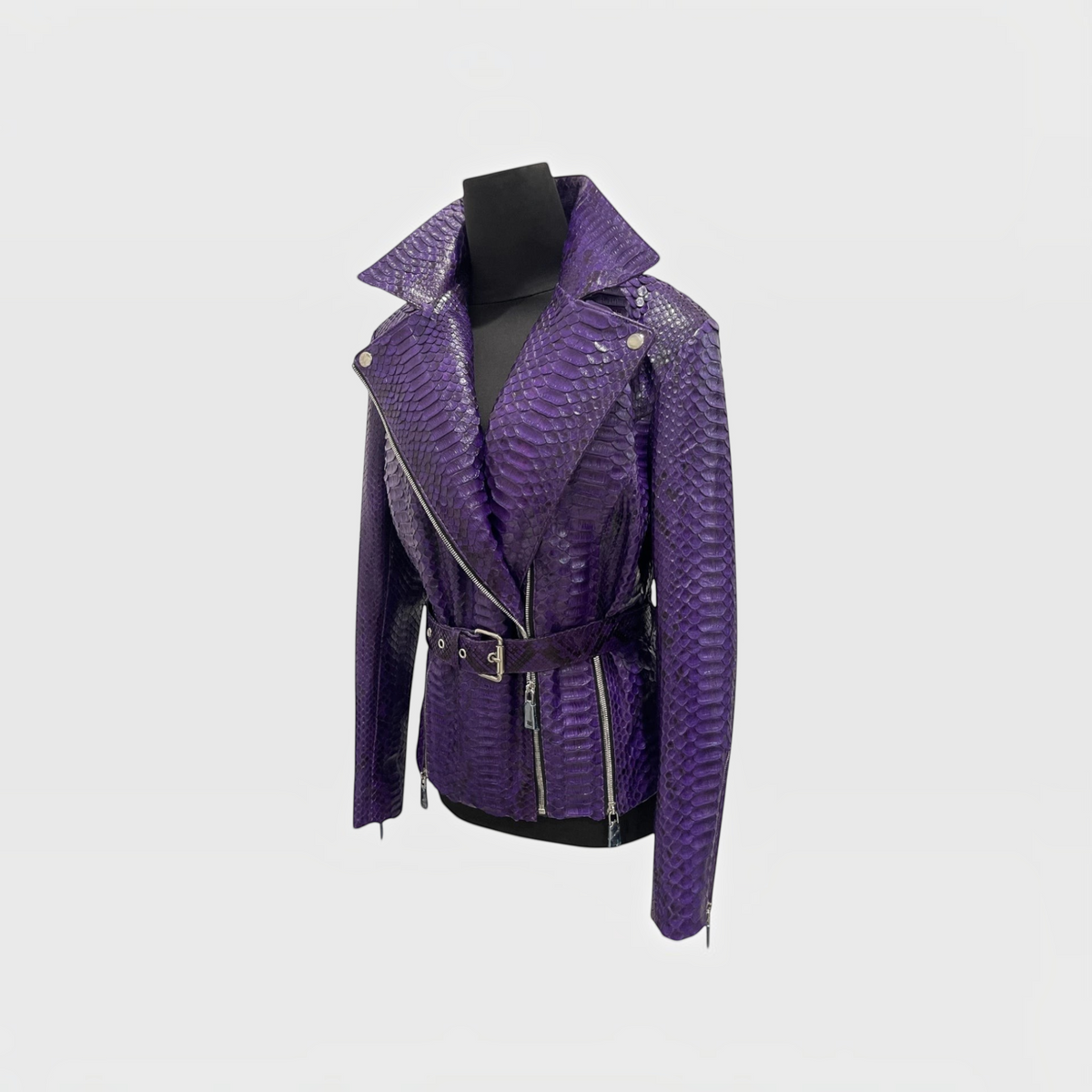 Women's royal purple genuine python leather biker jacket angled view | Genuine Skins