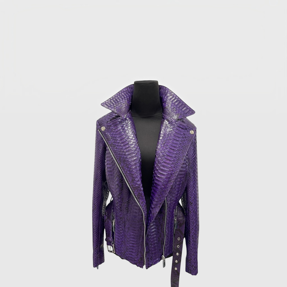 Women's royal purple genuine python leather biker jacket front detail | Genuine Skins