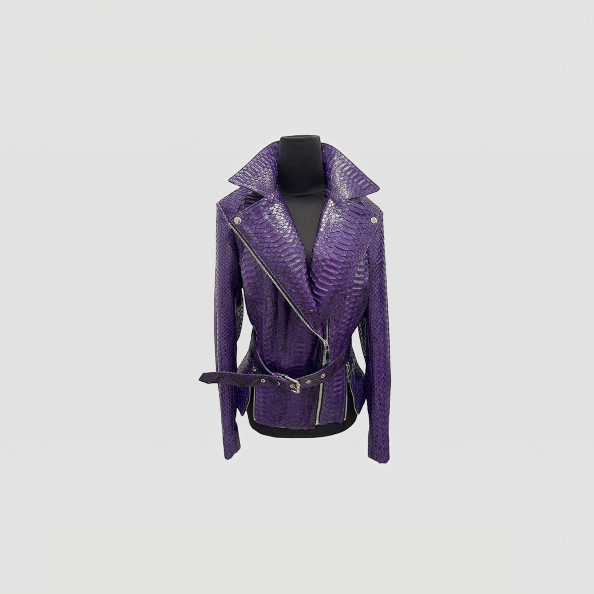 Women's royal purple genuine python leather biker jacket front view | Genuine Skins