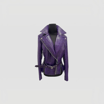 Women's royal purple genuine python leather biker jacket front view | Genuine Skins