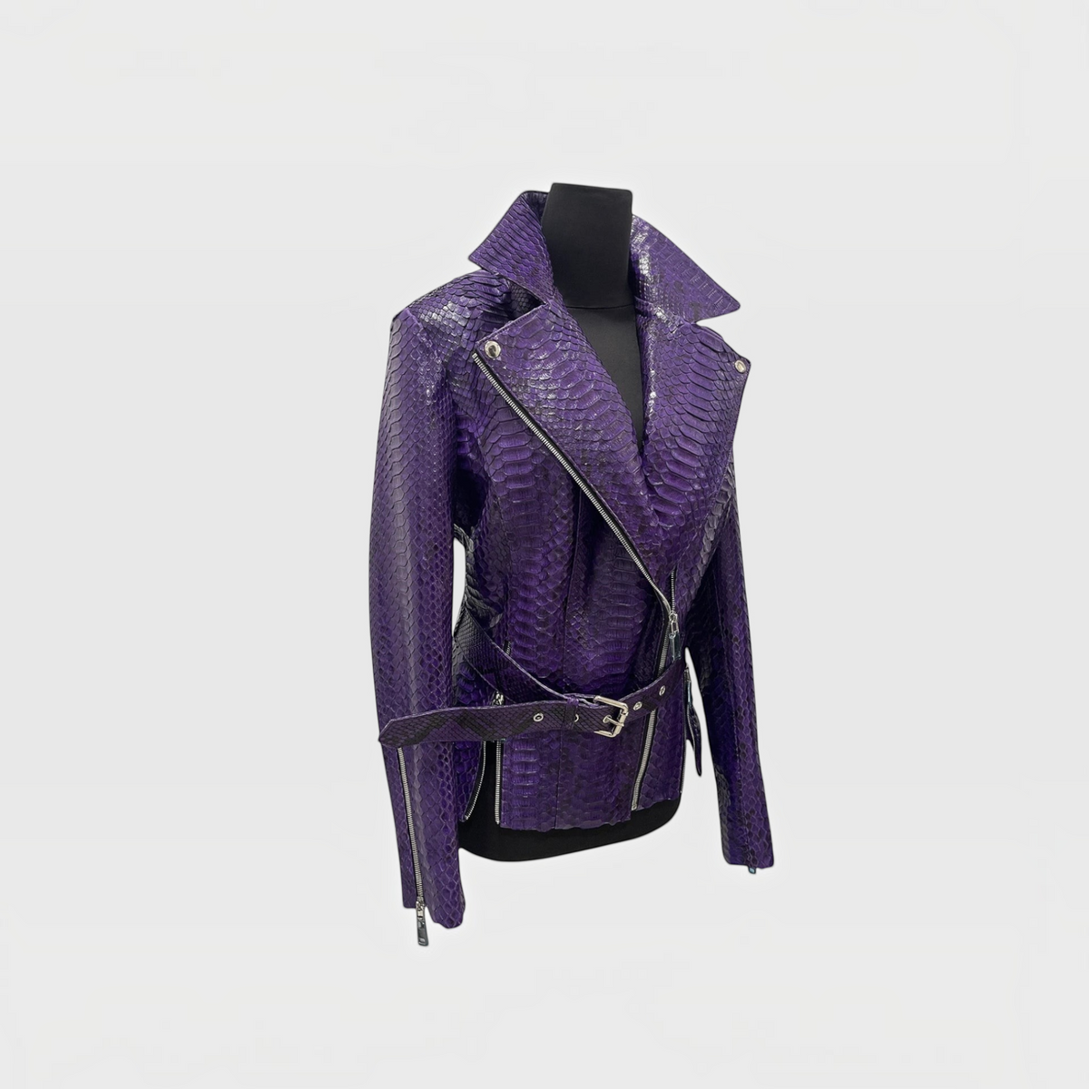 Women's royal purple genuine python leather biker jacket side view | Genuine Skins